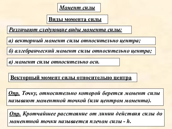 Опр. Точку, относительно которой берется момент силы называют моментной точкой (или