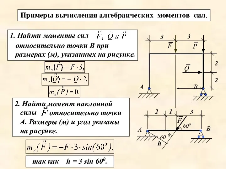 2. Найти момент наклонной силы Примеры вычисления алгебраических моментов сил. 1.