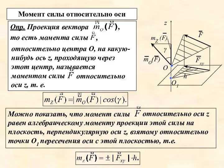 Опр. Проекция вектора относительно оси z равен алгебраическому моменту проекции этой