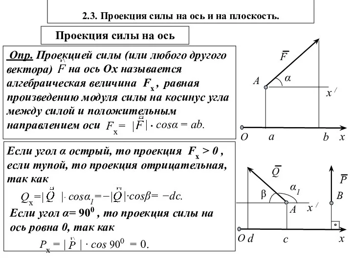 Опр. Проекцией силы (или любого другого вектора) на ось Ох называется