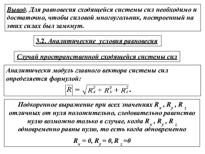 Вывод. Для равновесия сходящейся системы сил необходимо и достаточно, чтобы силовой