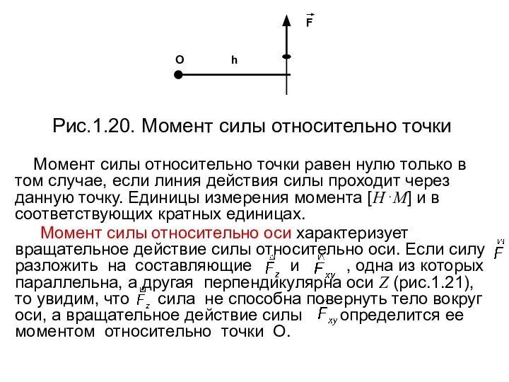 Момент силы относительно точки равен нулю только в том случае, если