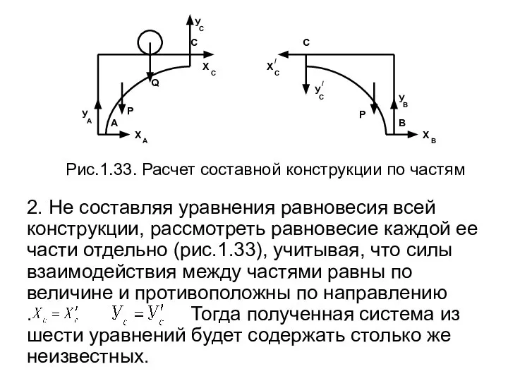 Рис.1.33. Расчет составной конструкции по частям 2. Не составляя уравнения равновесия