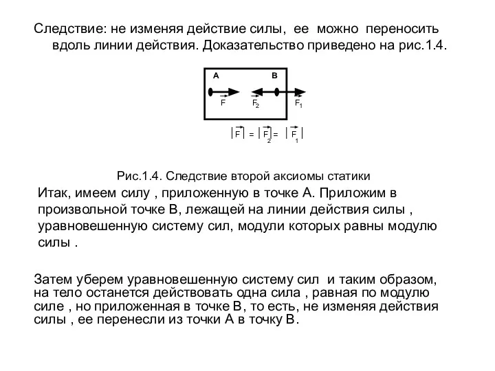 Рис.1.4. Следствие второй аксиомы статики Следствие: не изменяя действие силы, ее