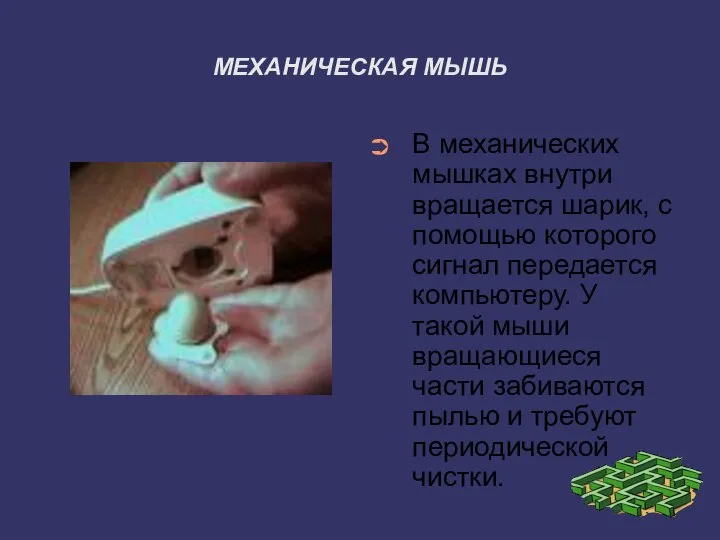 МЕХАНИЧЕСКАЯ МЫШЬ В механических мышках внутри вращается шарик, с помощью которого