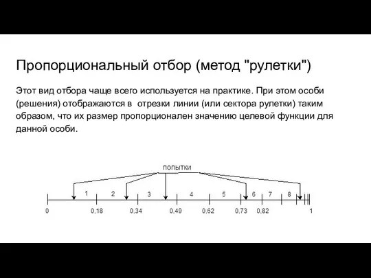 Пропорциональный отбор (метод "рулетки") Этот вид отбора чаще всего используется на