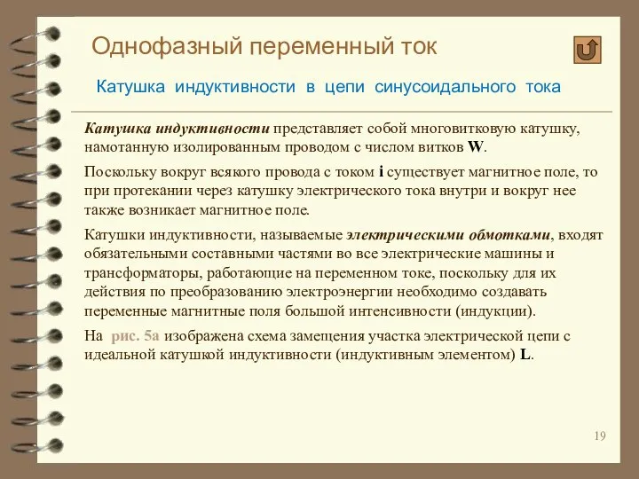 Однофазный переменный ток Катушка индуктивности в цепи синусоидального тока Катушка индуктивности