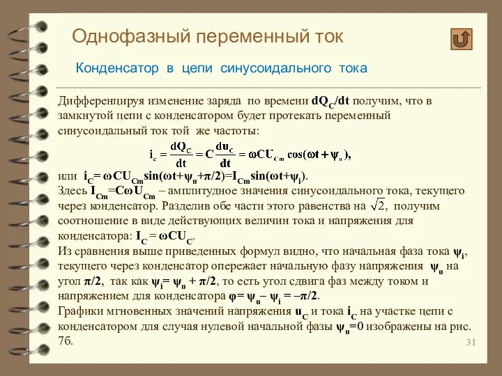 Однофазный переменный ток Конденсатор в цепи синусоидального тока Дифференцируя изменение заряда