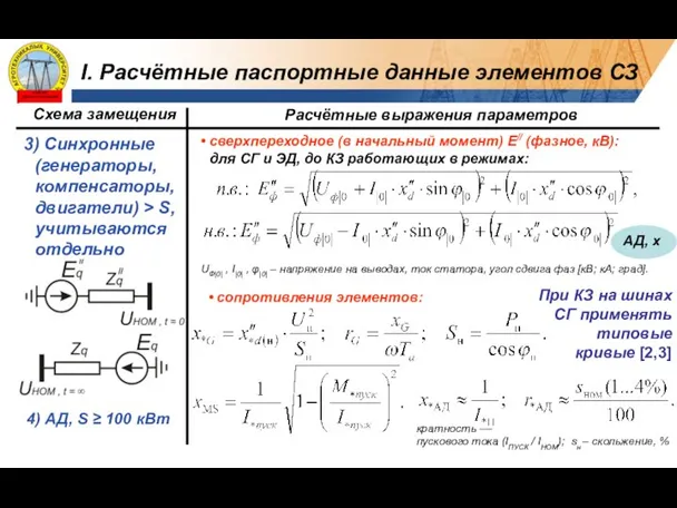 3) Синхронные (генераторы, компенсаторы, двигатели) > S, учитываются отдельно 4) АД,