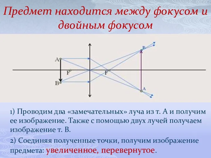 Предмет находится между фокусом и двойным фокусом 1) Проводим два «замечательных»