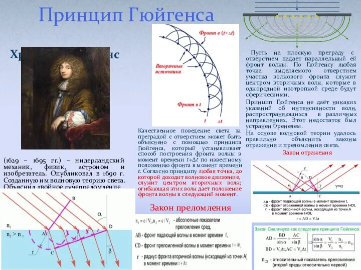 Принцип Гюйгенса Христиан Гюйгенс (1629 – 1695 гг.) – нидерландский механик,