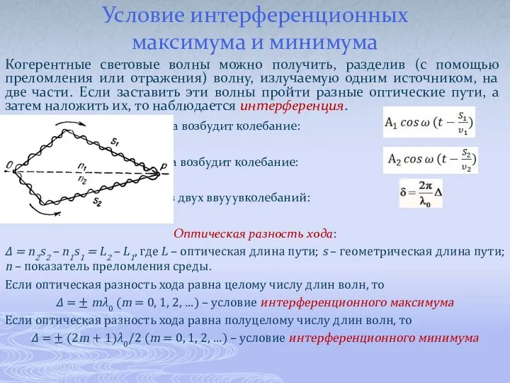 Условие интерференционных максимума и минимума Когерентные световые волны можно получить, разделив