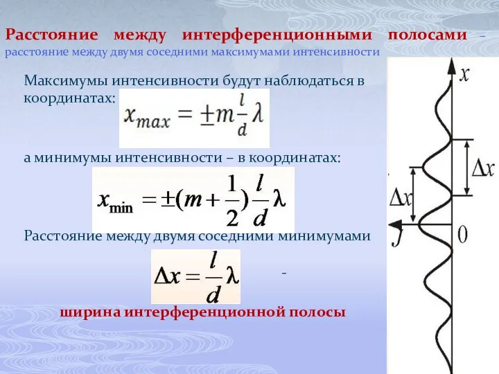 Расстояние между интерференционными полосами – расстояние между двумя соседними максимумами интенсивности