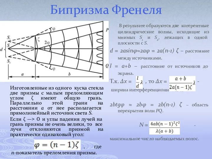 Бипризма Френеля Изготовленные из одного куска стекла две призмы с малым