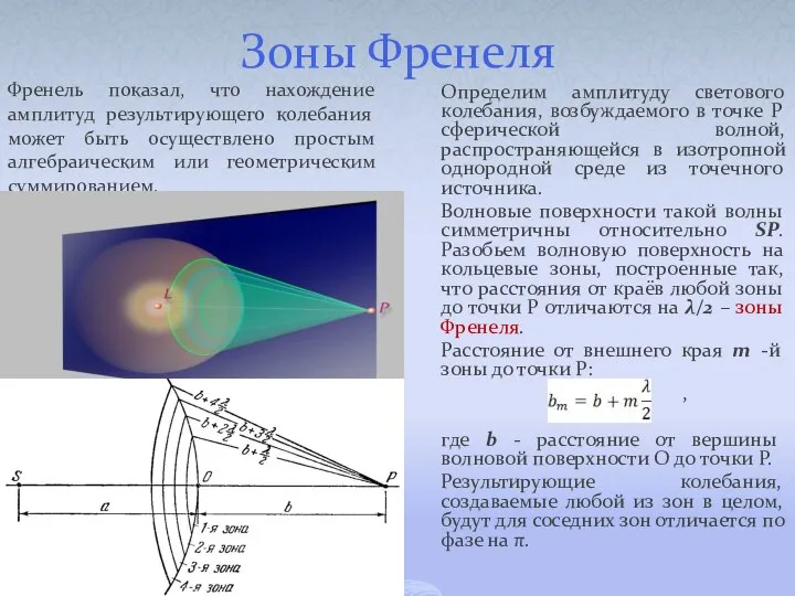 Зоны Френеля Френель показал, что нахождение амплитуд результирующего колебания может быть