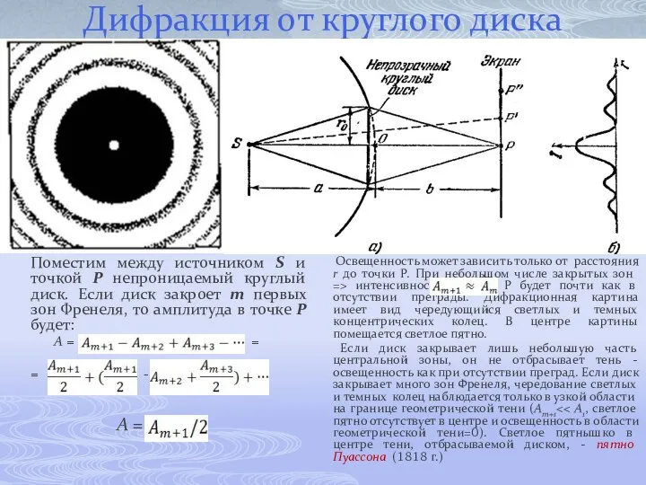 Дифракция от круглого диска Поместим между источником S и точкой Р