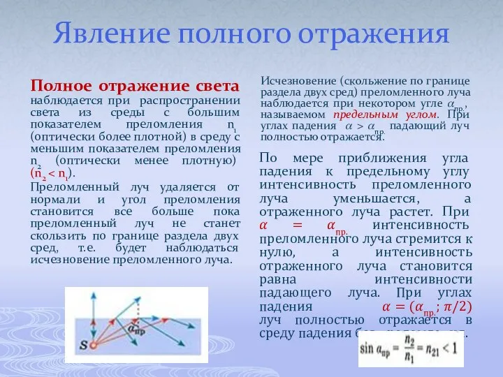 Явление полного отражения Полное отражение света наблюдается при распространении света из