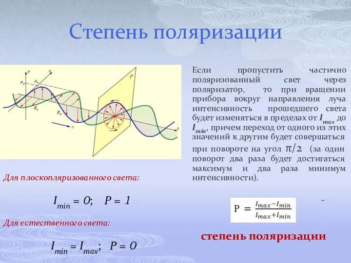 Степень поляризации Если пропустить частично поляризованный свет через поляризатор, то при