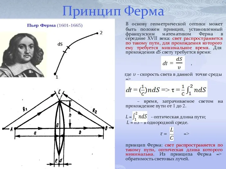 Принцип Ферма В основу геометрической оптики может быть положен принцип, установленный