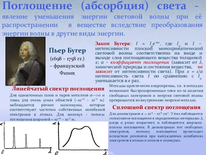 Поглощение (абсорбция) света - явление уменьшения энергии световой волны при её