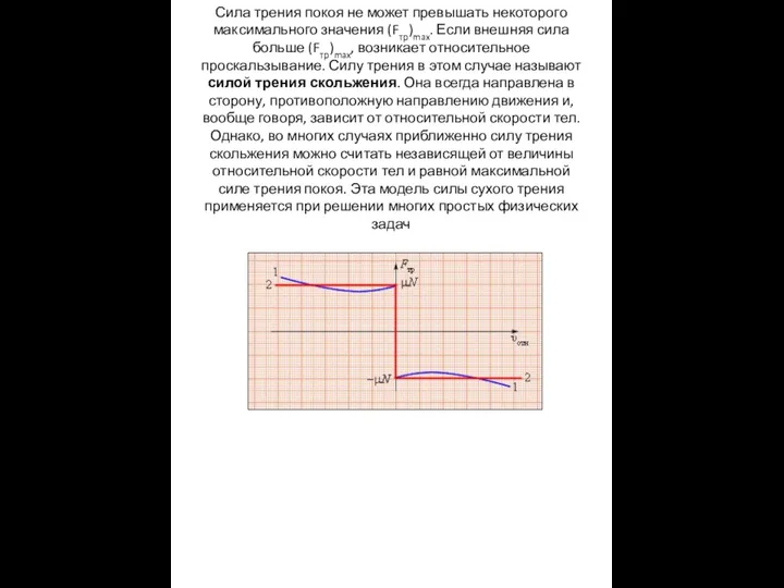 Сила трения покоя не может превышать некоторого максимального значения (Fтр)max. Если