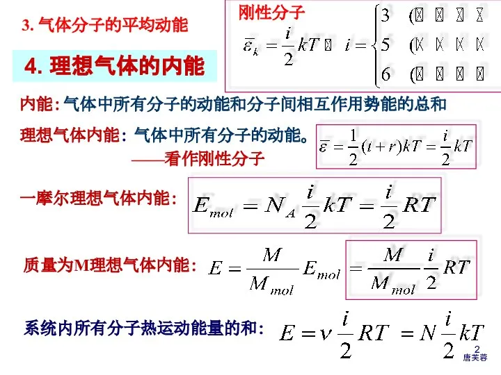 刚性分子 4. 理想气体的内能 内能： 气体中所有分子的动能和分子间相互作用势能的总和 理想气体内能： 气体中所有分子的动能。 一摩尔理想气体内能： 质量为M理想气体内能： 系统内所有分子热运动能量的和: ——看作刚性分子 3. 气体分子的平均动能