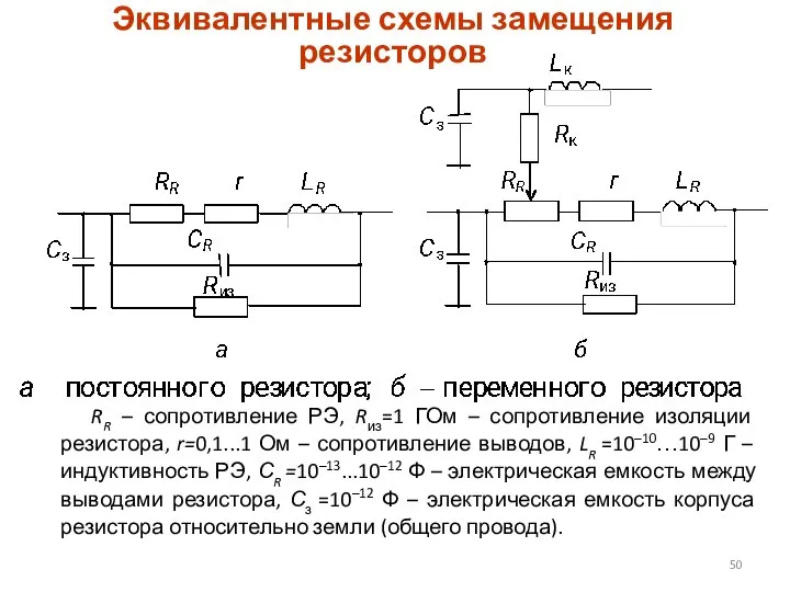 Эквивалентные схемы замещения резисторов RR – сопротивление РЭ, Rиз=1 ГОм –