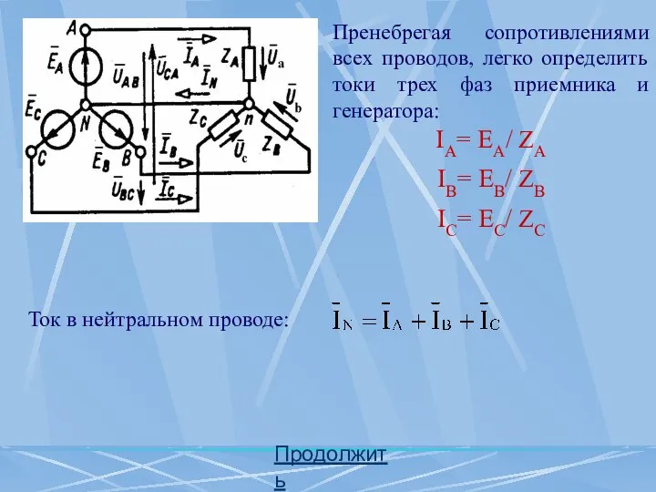 Продолжить Ток в нейтральном проводе: Пренебрегая сопротивлениями всех проводов, легко определить