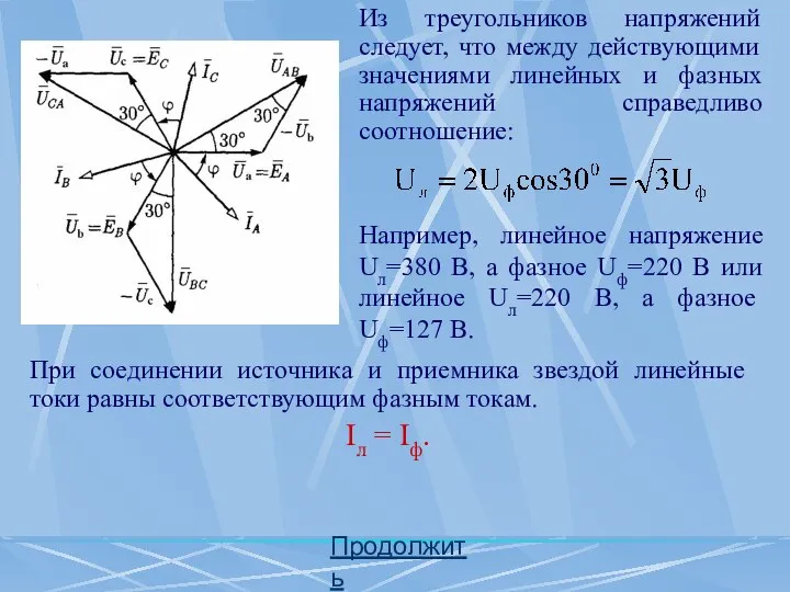 Продолжить Из треугольников напряжений следует, что между действующими значениями линейных и