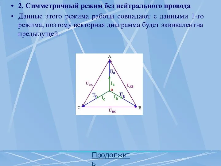 Продолжить 2. Симметричный режим без нейтрального провода Данные этого режима работы