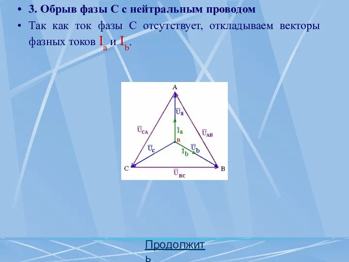 Продолжить 3. Обрыв фазы С с нейтральным проводом Так как ток