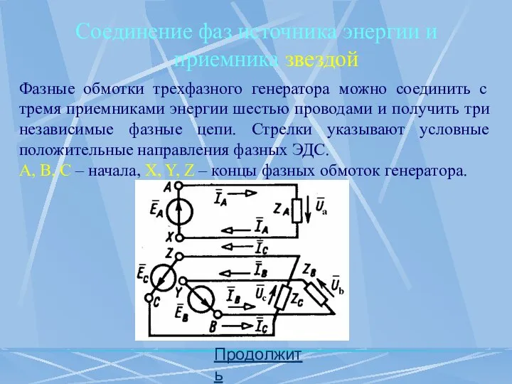 Соединение фаз источника энергии и приемника звездой Продолжить Фазные обмотки трехфазного