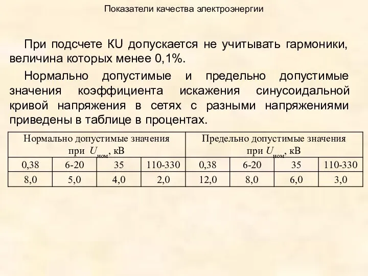 Показатели качества электроэнергии При подсчете КU допускается не учитывать гармоники, величина