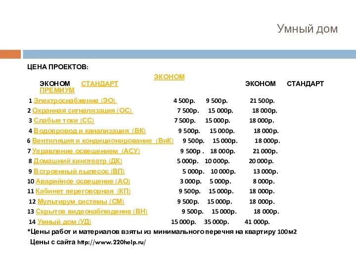 Умный дом ЦЕНА ПРОЕКТОВ: ЭКОНОМ ЭКОНОМ СТАНДАРТ ЭКОНОМ СТАНДАРТ ПРЕМИУМ 1