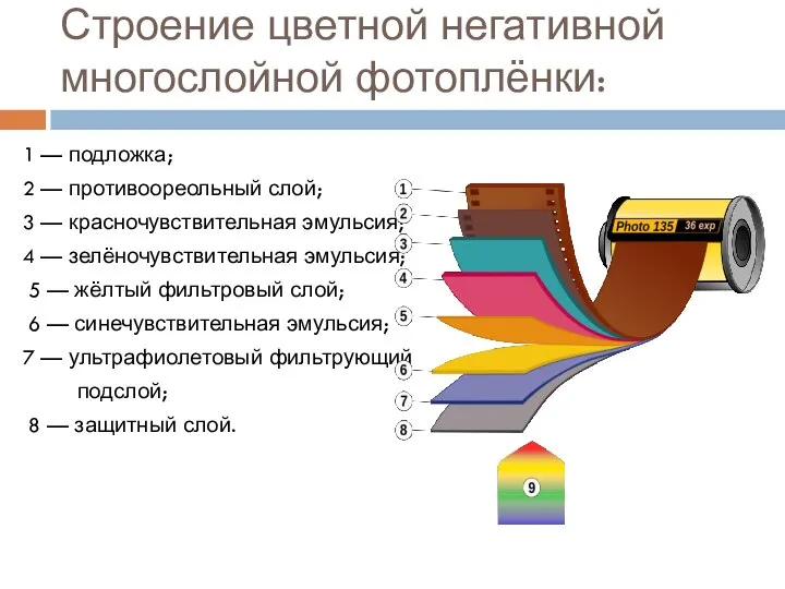 Строение цветной негативной многослойной фотоплёнки: 1 — подложка; 2 — противоореольный