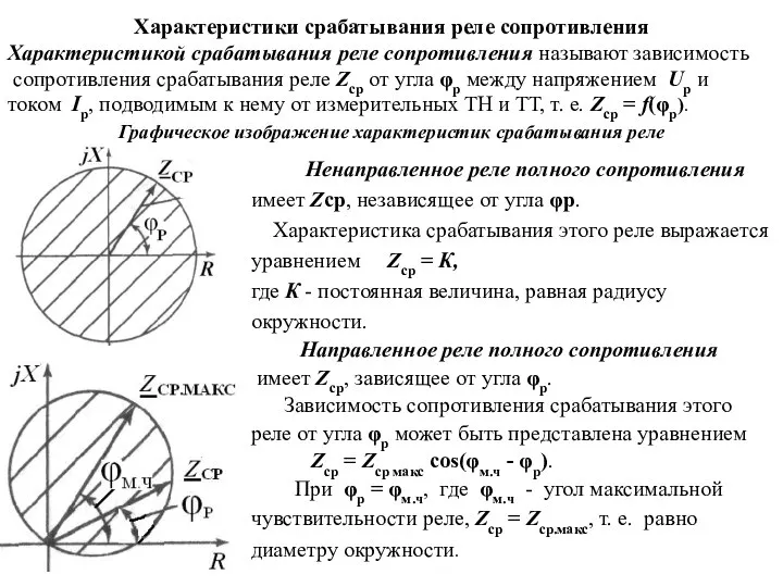 Характеристики срабатывания реле сопротивления Характеристикой срабатывания реле сопротивления называют зависимость сопротивления