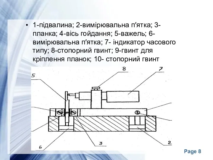 1-підвалина; 2-вимірювальна п′ятка; 3-планка; 4-вісь гойдання; 5-важель; 6- вимірювальна п′ятка; 7-