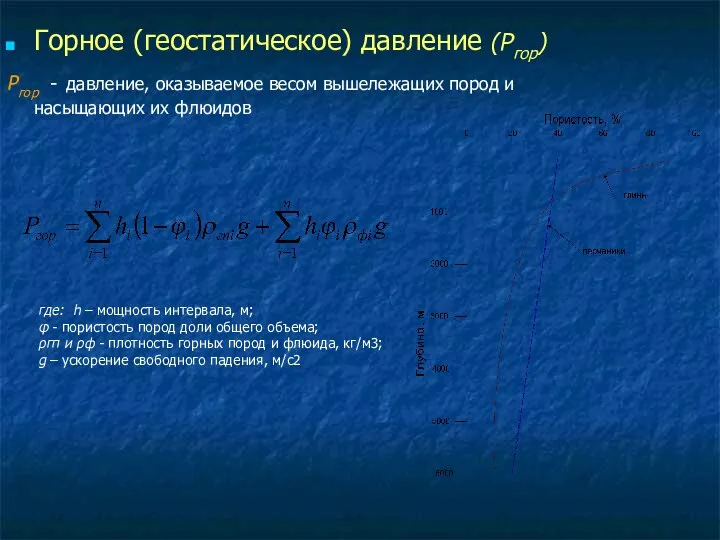 Горное (геостатическое) давление (Ргор) Ргор - давление, оказываемое весом вышележащих пород