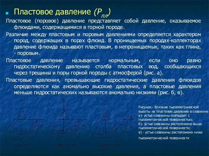 Пластовое давление (Рпл) Пластовое (поровое) давление представляет собой давление, оказываемое флюидами,