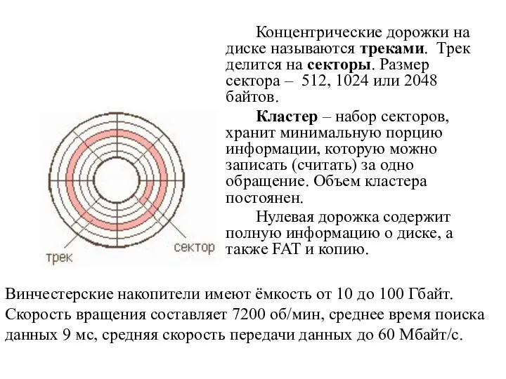 Концентрические дорожки на диске называются треками. Трек делится на секторы. Размер