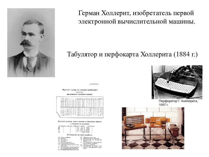 Герман Холлерит, изобретатель первой электронной вычислительной машины. Табулятор и перфокарта Холлерита (1884 г.)