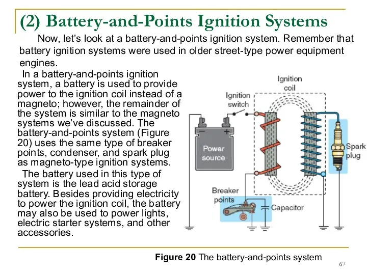 (2) Battery-and-Points Ignition Systems In a battery-and-points ignition system, a battery