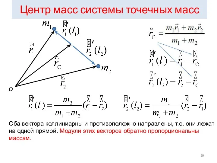 Центр масс системы точечных масс о Оба вектора коллиниарны и противоположно