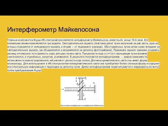 Интерферометр Майкелосона Главным компонентом Фурье-ИК-спектрометров является интерферометр Майкельсона, известный с конца