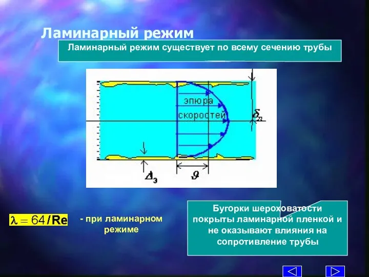 Ламинарный режим Бугорки шероховатости покрыты ламинарной пленкой и не оказывают влияния