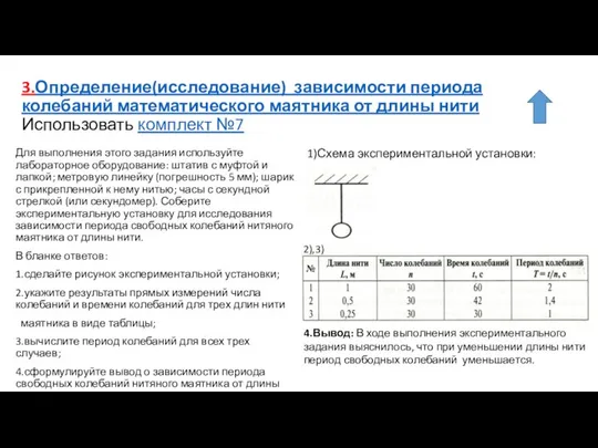 3.Определение(исследование) зависимости периода колебаний математического маятника от длины нити Использовать комплект