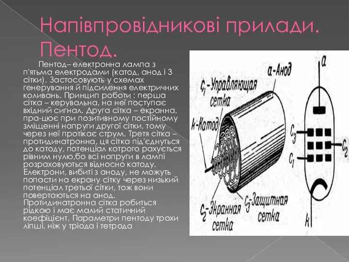 Напівпровідникові прилади. Пентод. Пентод– електронна лампа з п'ятьма електродами (катод, анод