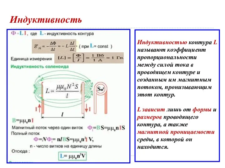 Индуктивность Индуктивностью контура L называют коэффициент пропорциональности между силой тока в