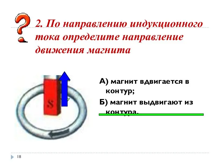 2. По направлению индукционного тока определите направление движения магнита А) магнит