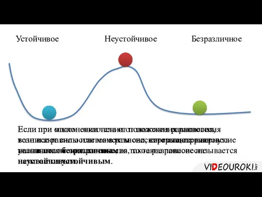 Устойчивое Неустойчивое Безразличное Если при отклонении тела от положения равновесия, возникают